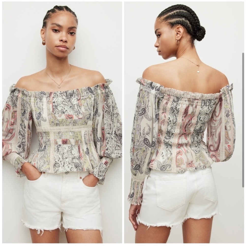 Allsaints Lara Makutu Off-The-Shoulder white paisley Top Sz 6‎ All Saints